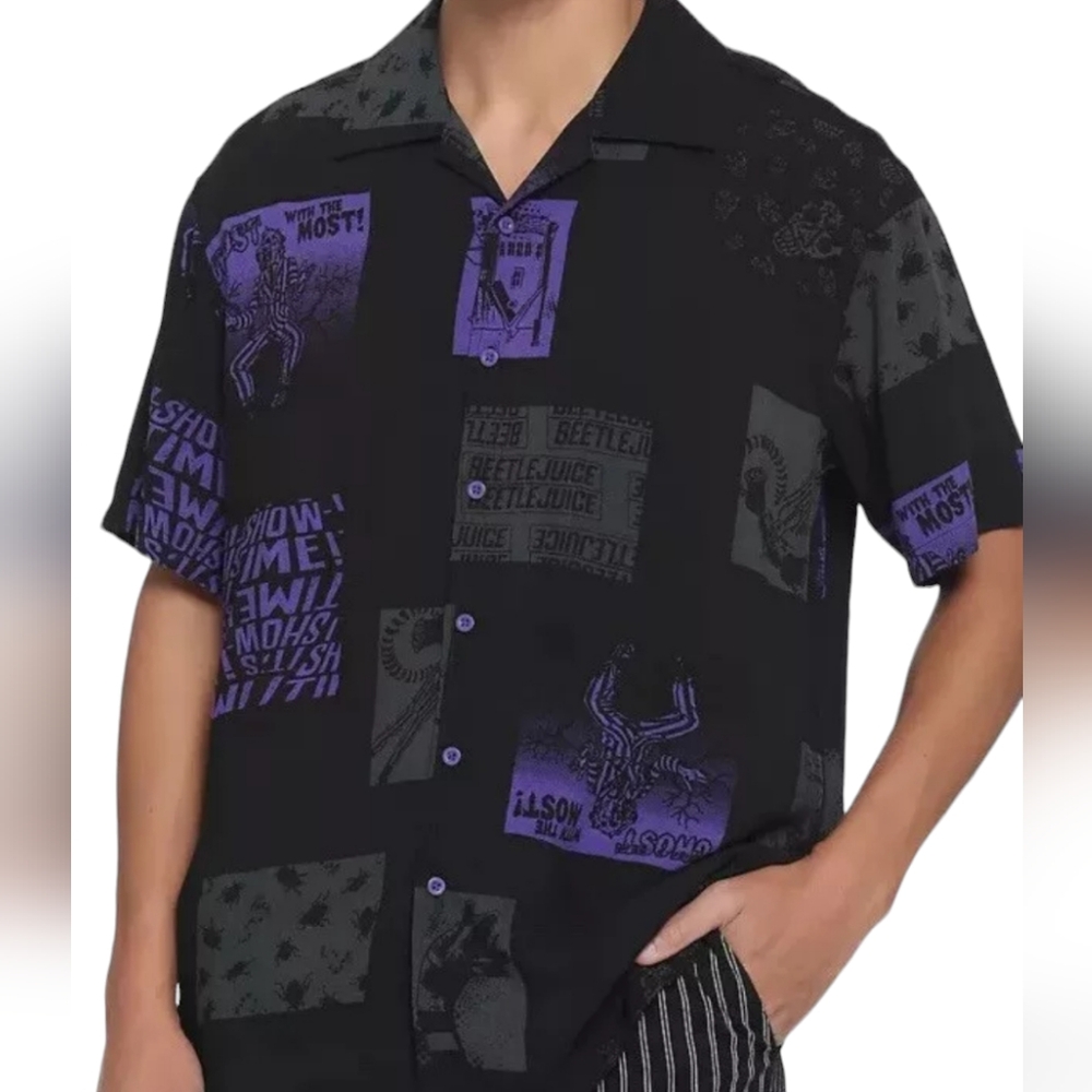 Beetlejuice Men's Iconic Moments Button Down Black Purple Shirt Size‎ Small